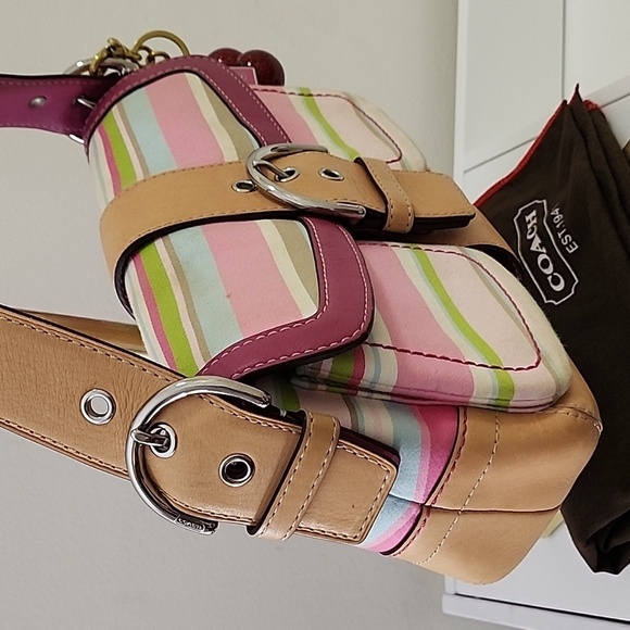 Coach Y2K Soho Hampton Pastel Stripe Leather Trim Flap Shoulder Bag Barbiecore - Picture 4 of 16